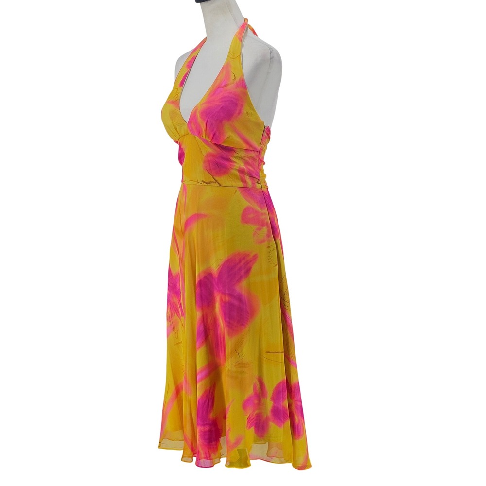 Cache Vintage Y2K Silk Midi Dress 6 Halter Empire Yellow & Pink Corset Back - Picture 4 of 15